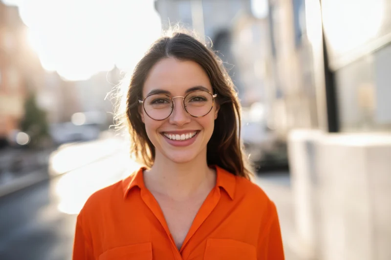 Smiling woman with round glasses in orange shirt on city street