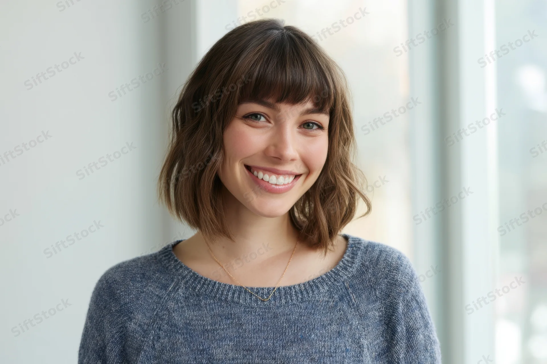 Smiling woman with shoulder-length brown hair and bangs wearing a blue knit sweater indoors near a window