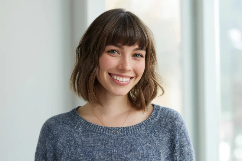 Smiling woman with shoulder-length brown hair and bangs wearing a blue knit sweater indoors near a window