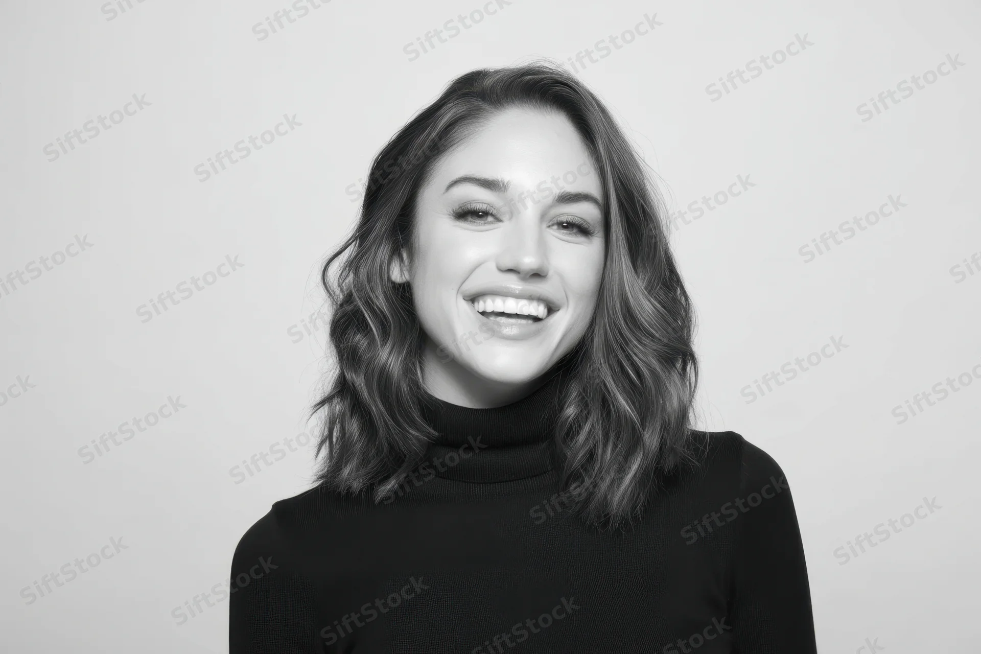 Smiling woman in black turtleneck with shoulder-length wavy hair in studio portrait
