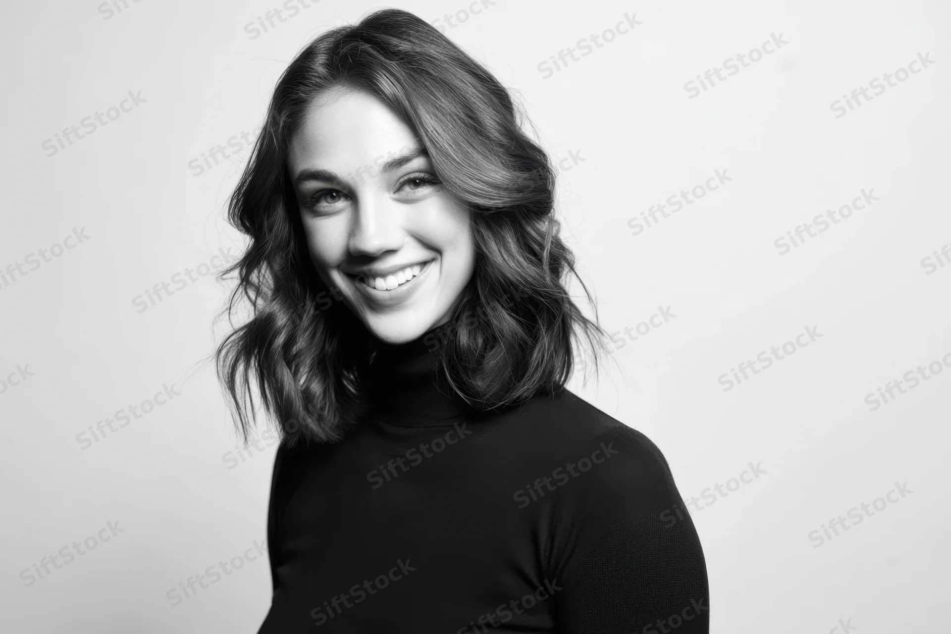 Smiling woman with shoulder-length wavy hair in black turtleneck posing in studio