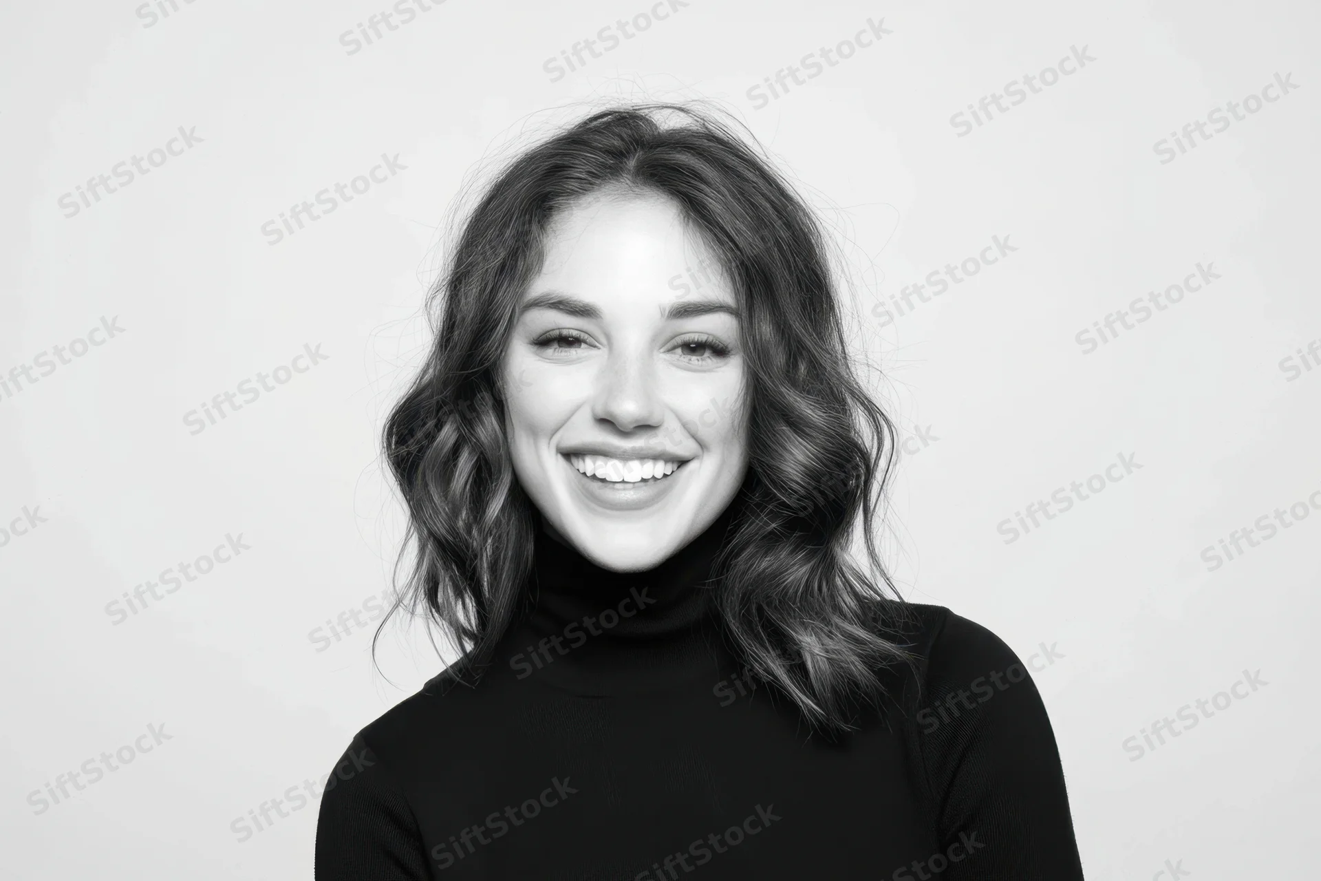 Smiling woman with shoulder-length wavy hair in black turtleneck against white background