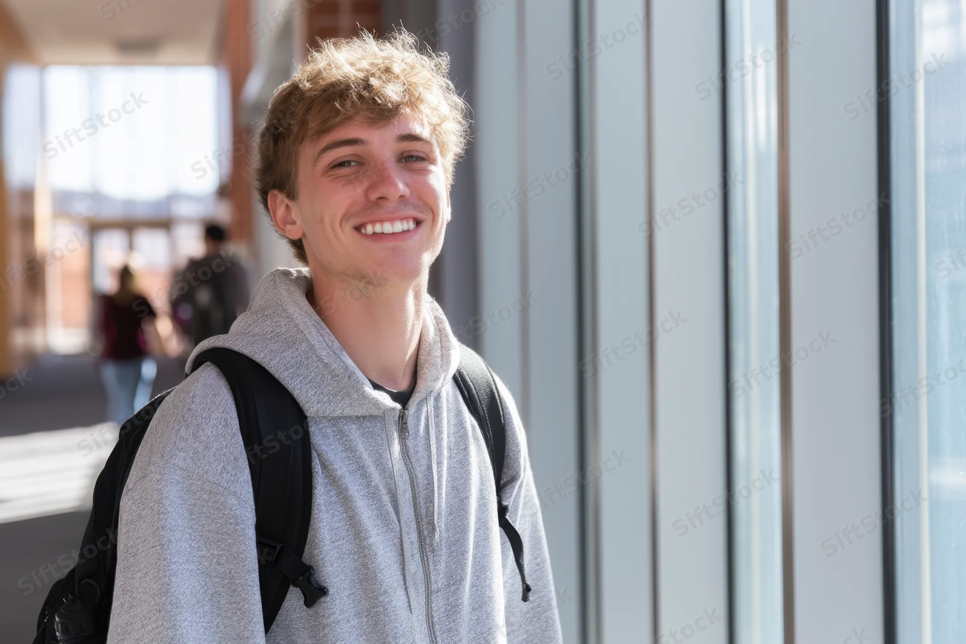 Young man smiling with backpack in campus hallway