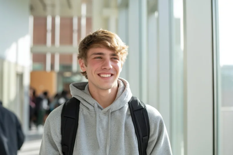 Smiling young man in gray hoodie with backpack walking through campus hallway