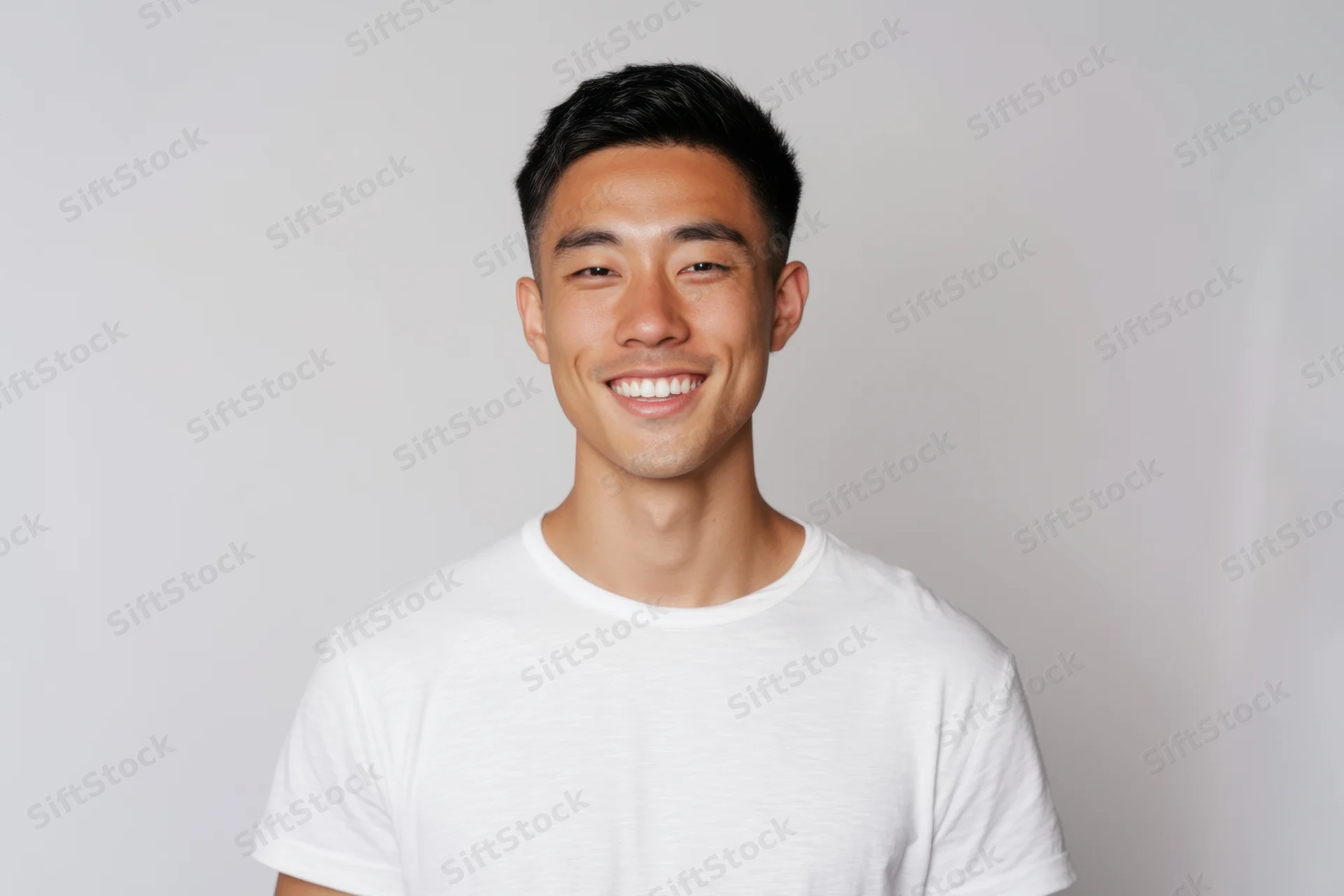 Young asian man smiling in white t-shirt against plain background
