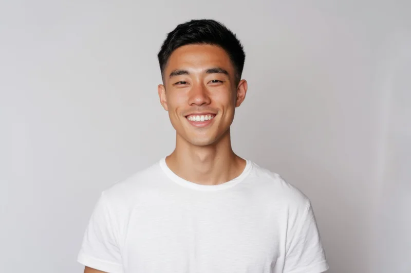 Young asian man smiling in white t-shirt against plain background