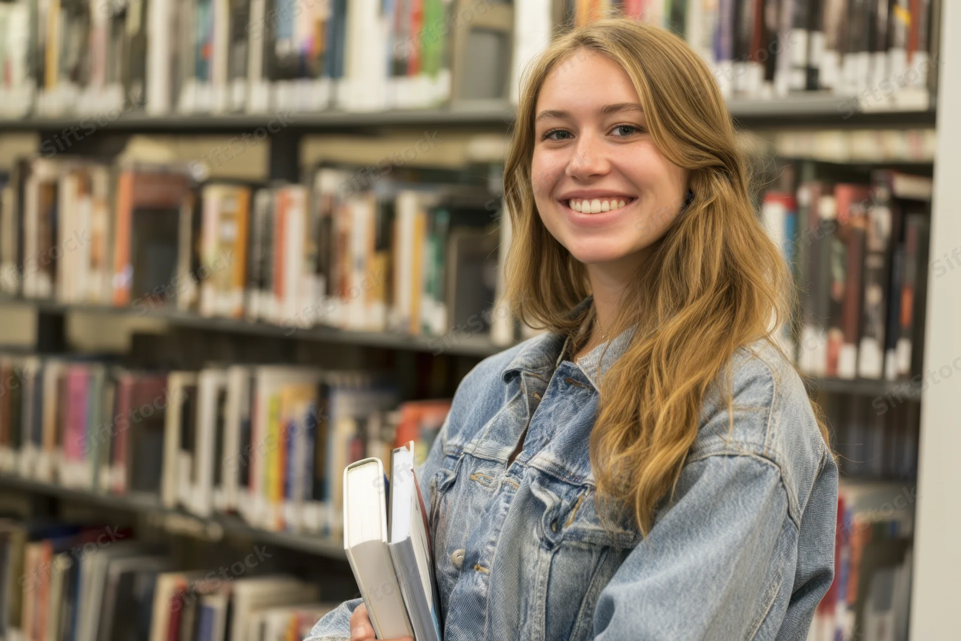 Young woman smiling while holding books in a library