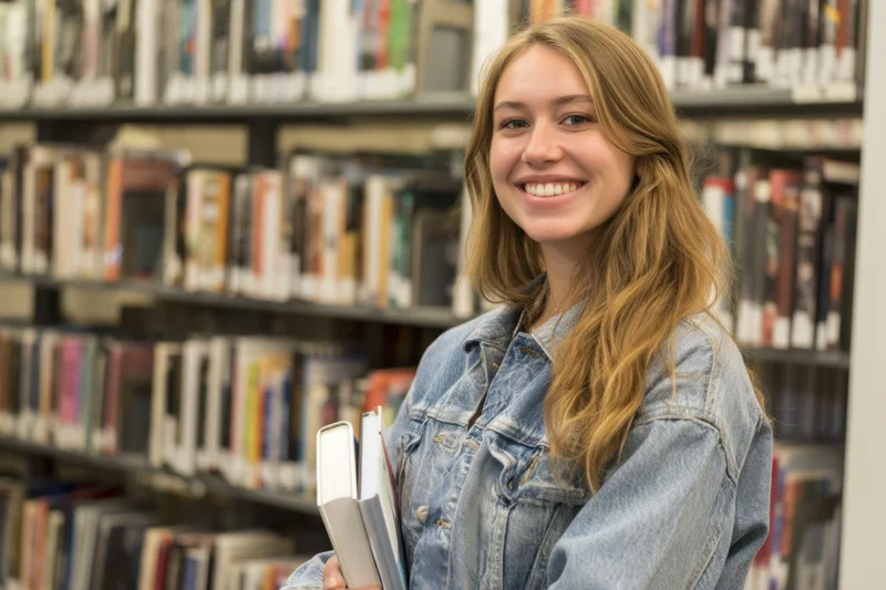 Young woman smiling while holding books in a library