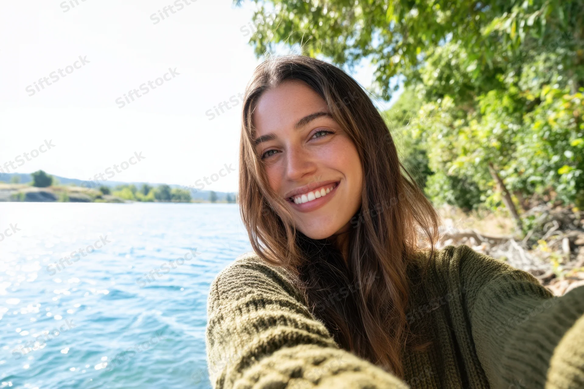 Young woman smiling while taking a selfie at a lakeside surrounded by trees and sunlight