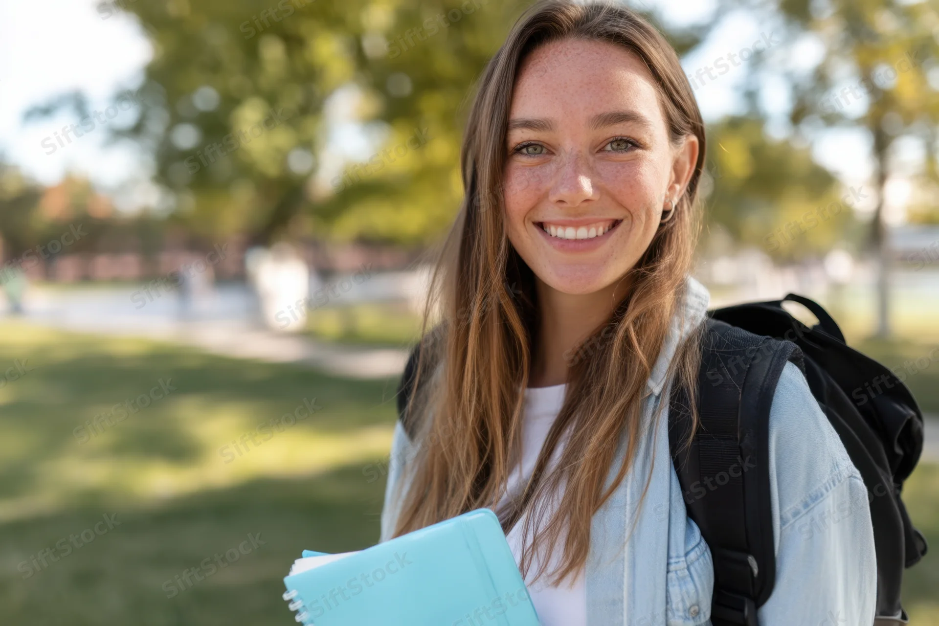 Smiling young woman with backpack holding notebook outdoors on campus