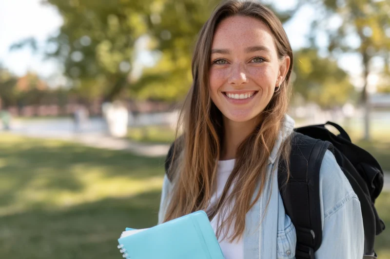 Smiling young woman with backpack holding notebook outdoors on campus
