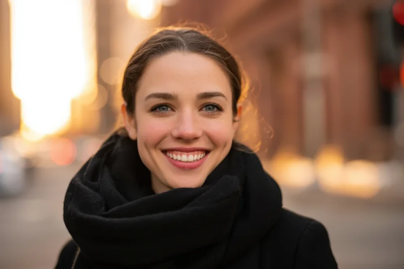 Smiling young woman in black scarf and coat on city street at evening