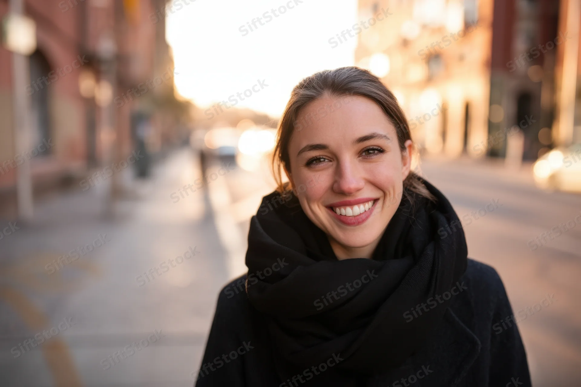 Smiling young woman in black scarf and coat standing on city street at golden hour