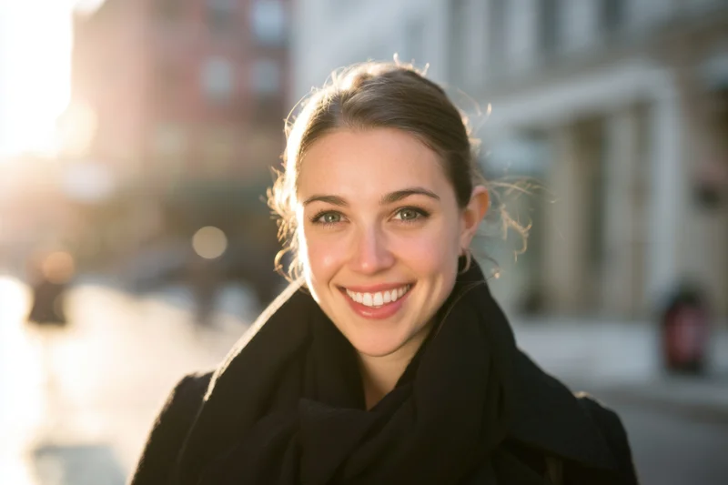 Smiling young woman in black coat and scarf on city street in daylight
