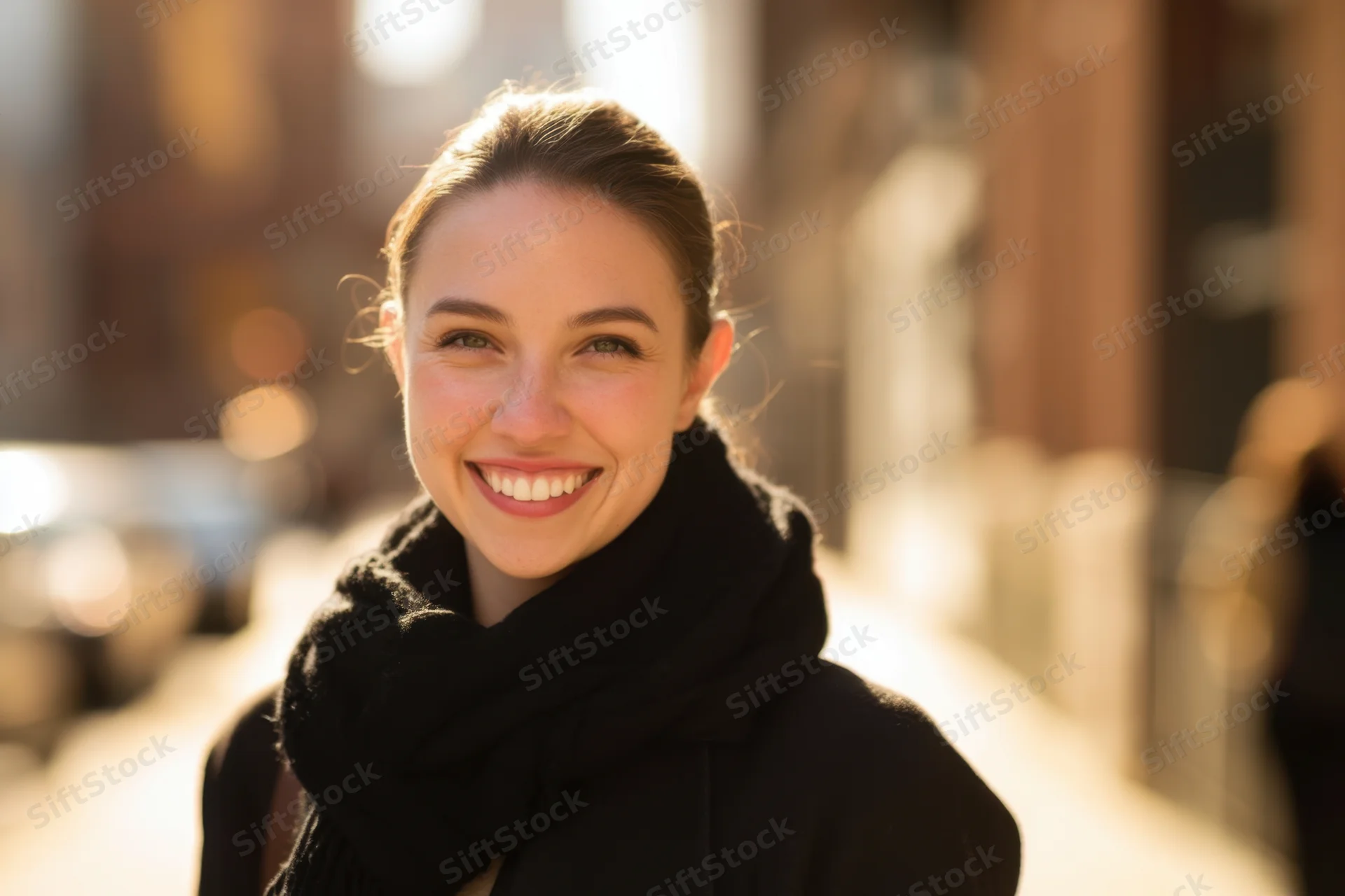 Smiling young woman in black scarf and coat on city sidewalk in golden hour light