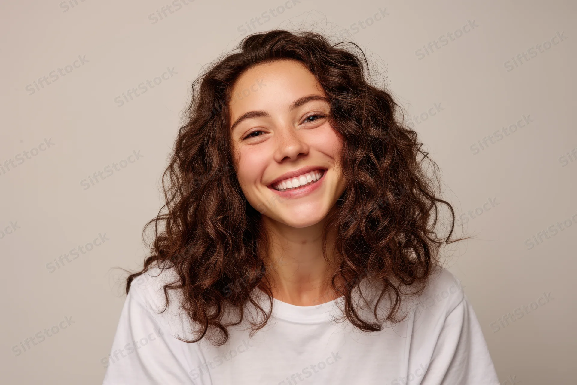 Smiling young woman with curly brown hair wearing a white tshirt in studio portrait