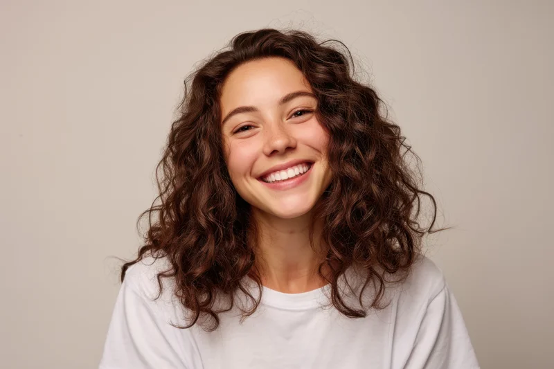 Smiling young woman with curly brown hair wearing a white tshirt in studio portrait