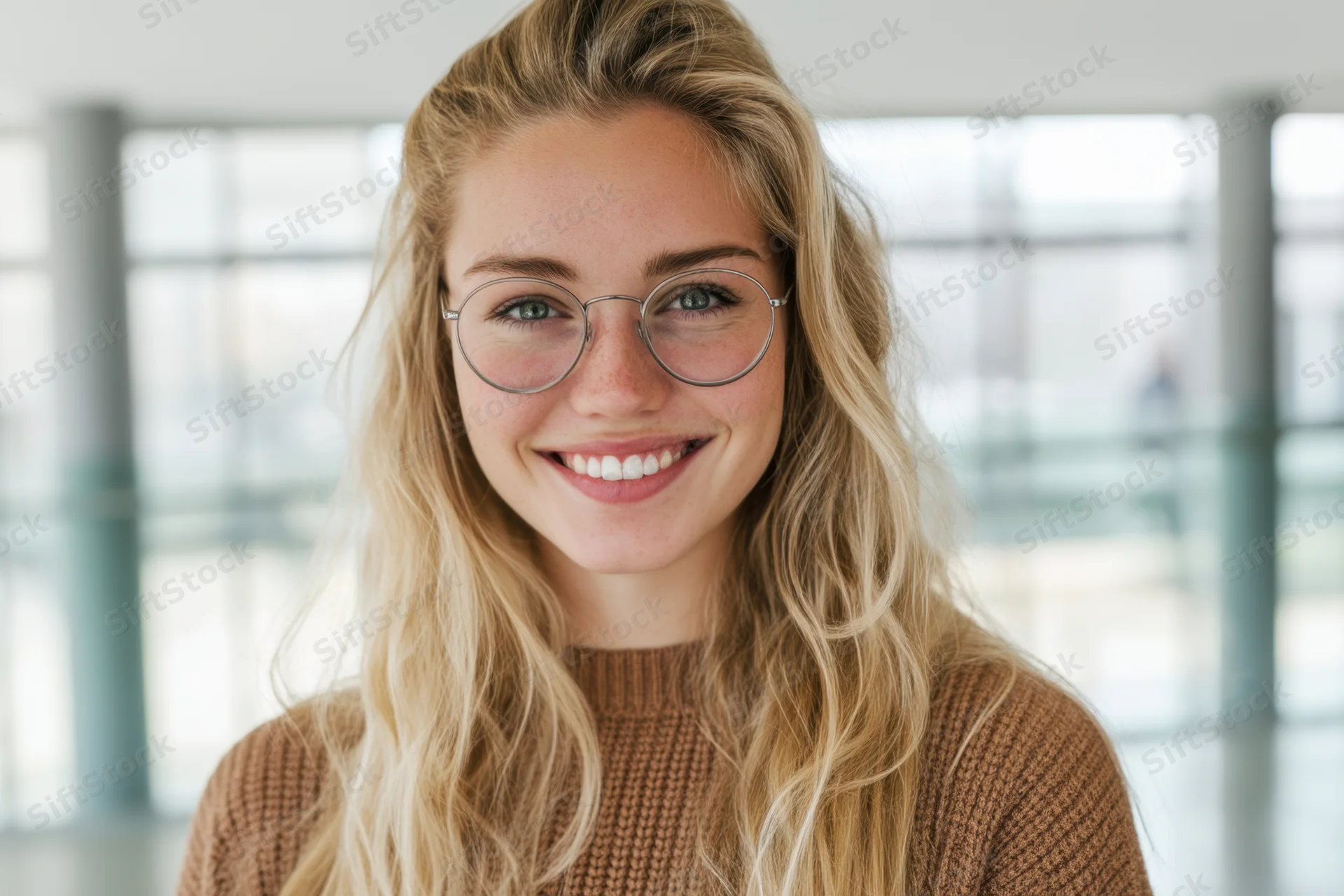 Young woman with long blonde hair and round glasses smiling in a bright modern office space