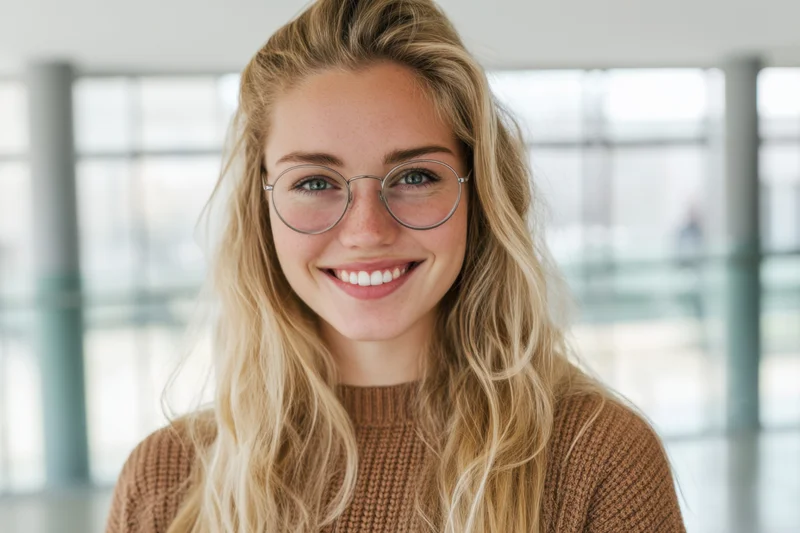 Young woman with long blonde hair and round glasses smiling in a bright modern office space