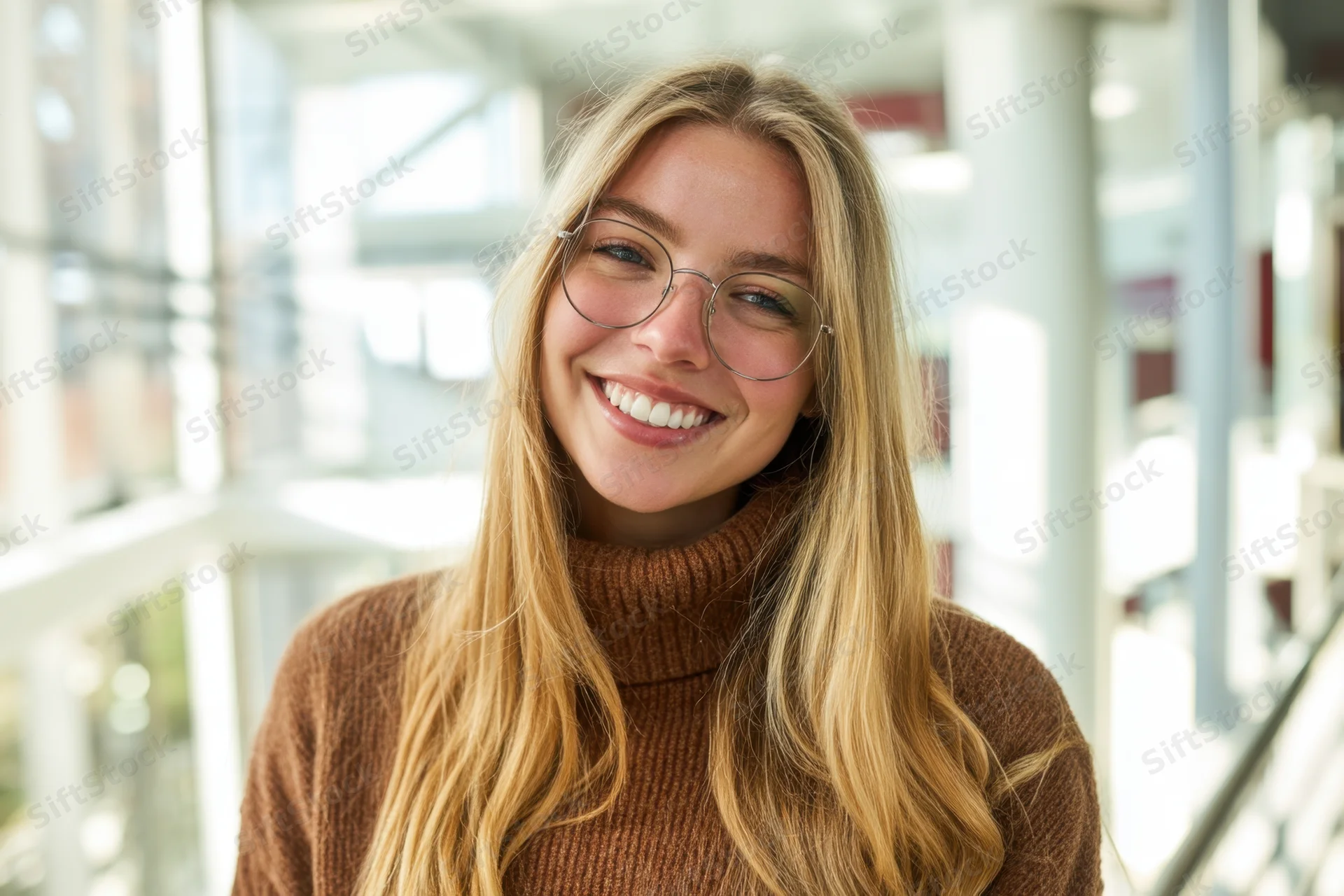 Young woman with long blonde hair and round glasses smiling in a bright indoor hallway
