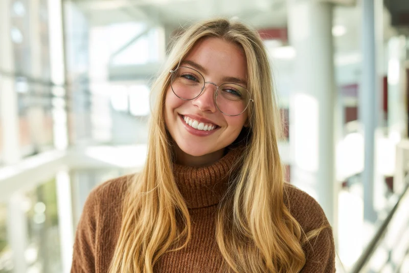 Young woman with long blonde hair and round glasses smiling in a bright indoor hallway