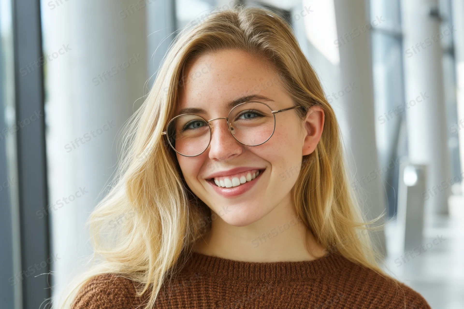 Young woman with long blonde hair and round glasses smiling in an office interior