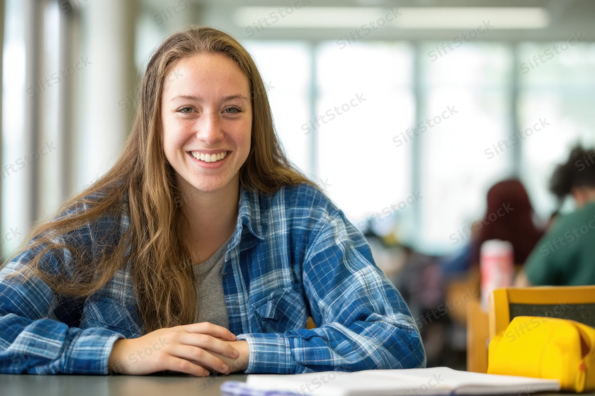 Young woman smiling at desk in classroom with notebook and yellow bag