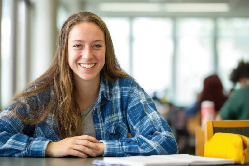Young woman smiling at desk in classroom with notebook and yellow bag