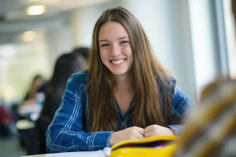 Young woman smiling at desk in classroom with backpack and peers in background
