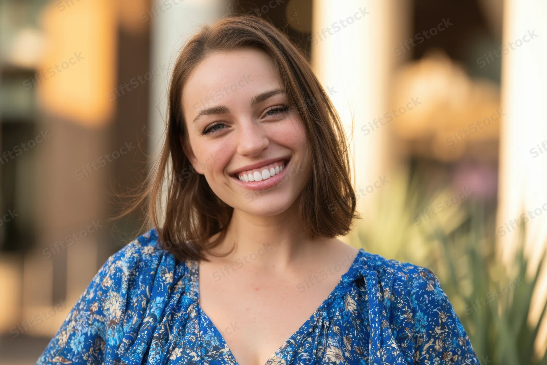 Smiling young woman in blue floral blouse outdoors during daylight