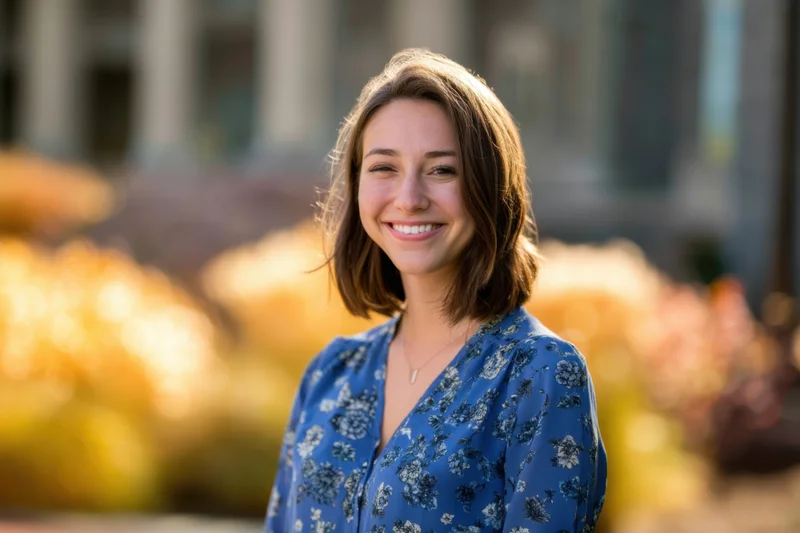 Smiling young woman in blue floral blouse standing outdoors in autumn garden