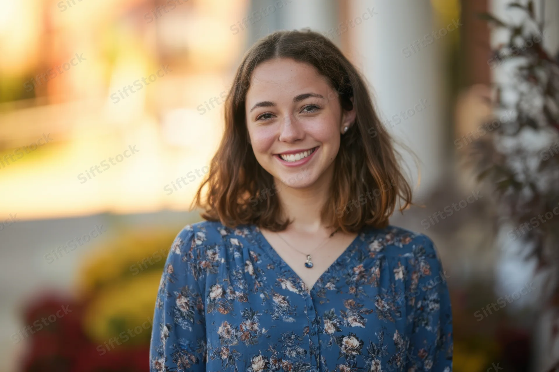 Young woman smiling in a blue floral blouse outdoors with soft natural light and blurred greenery in the background