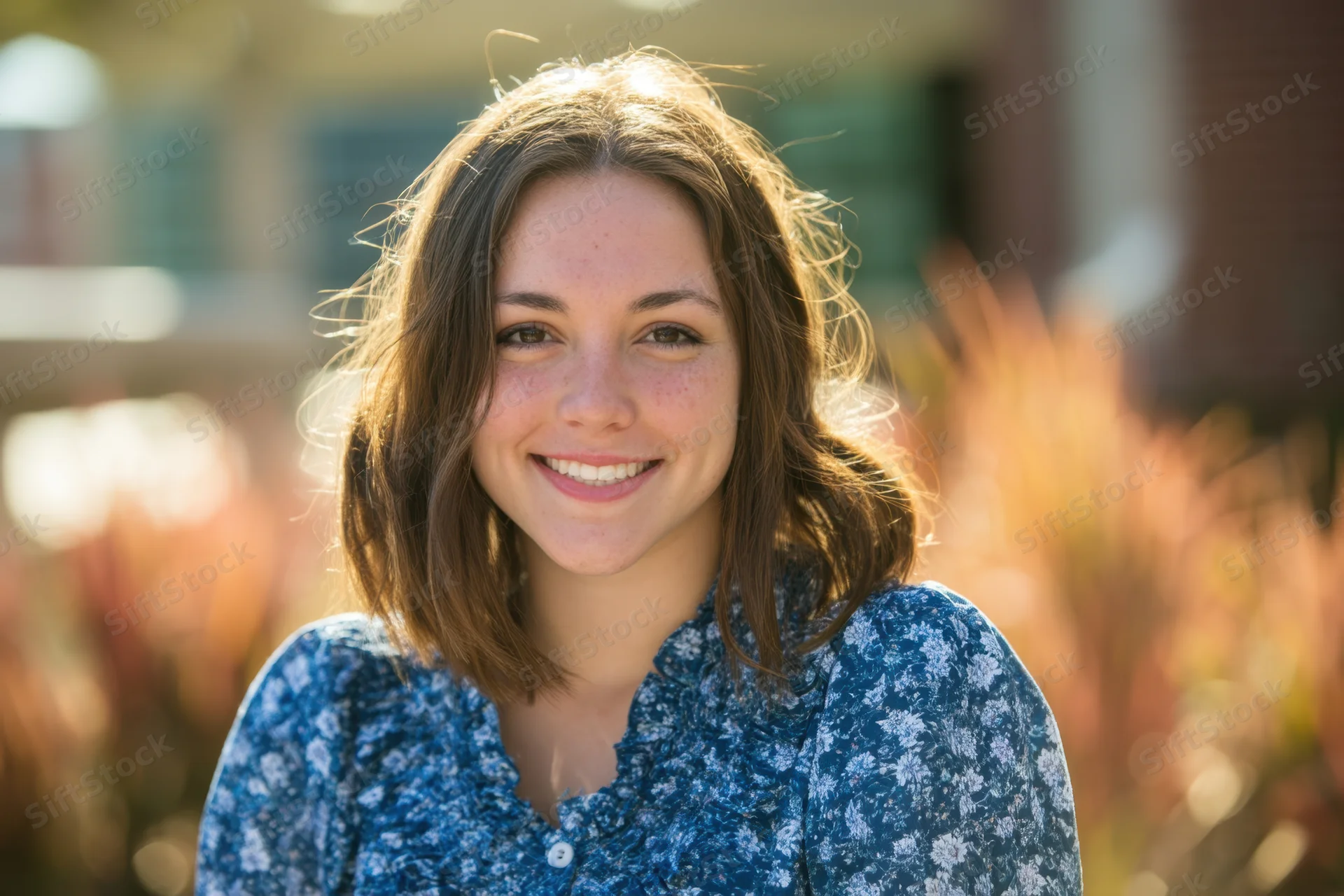 Young woman smiling at camera outdoors in sunlight wearing blue floral blouse