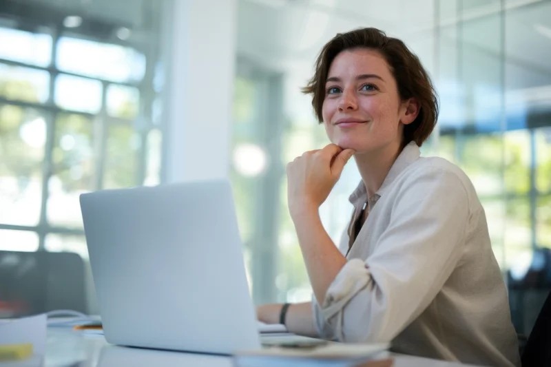 Woman sitting at desk with laptop in modern office, smiling thoughtfully while resting hand on chin
