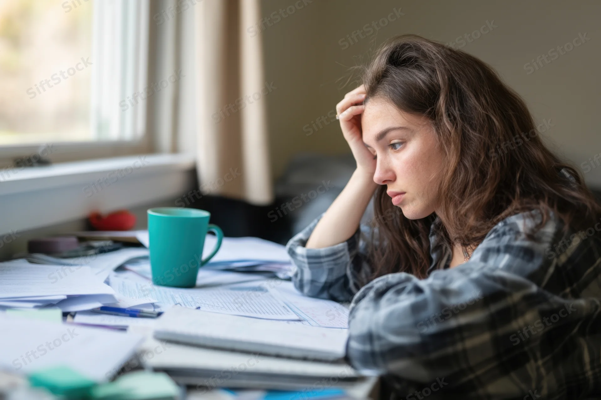 Tired young woman resting head on hand while studying at cluttered desk near window
