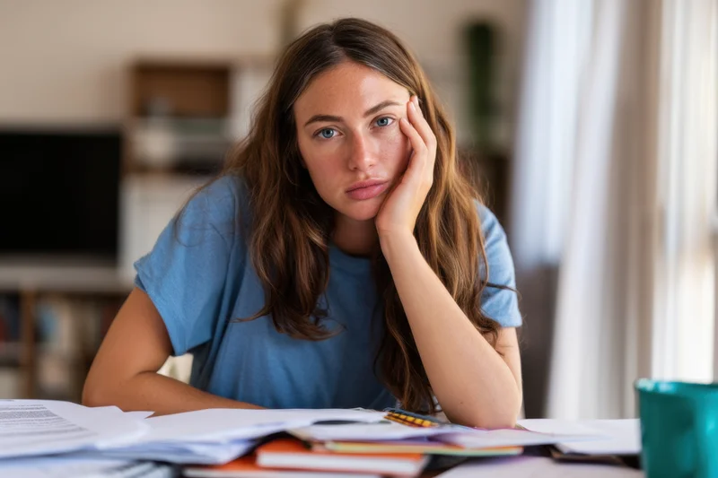 Tired young woman resting head on hand while studying at desk surrounded by papers and books
