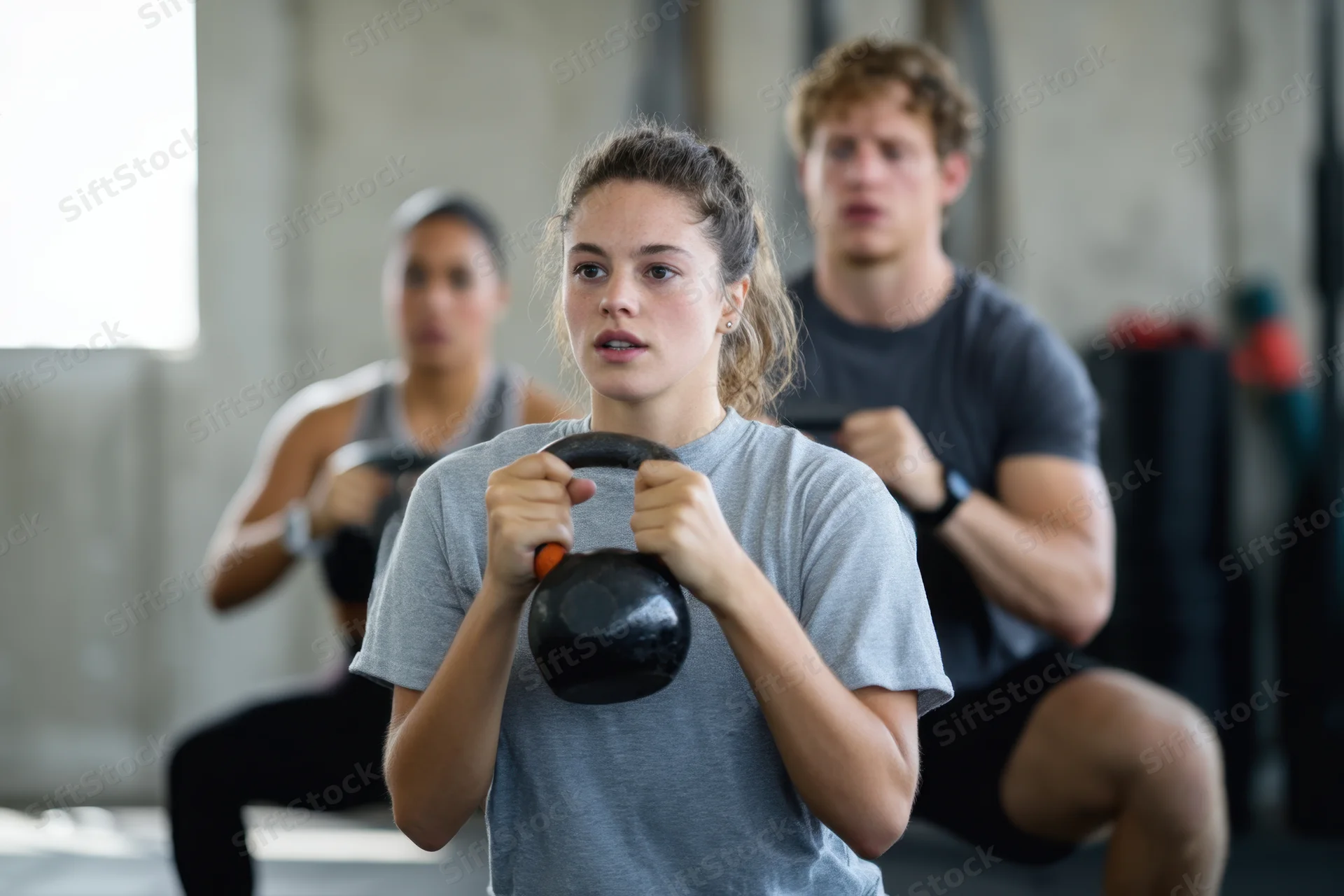 Woman holding kettlebell during squat exercise in gym with two others in background