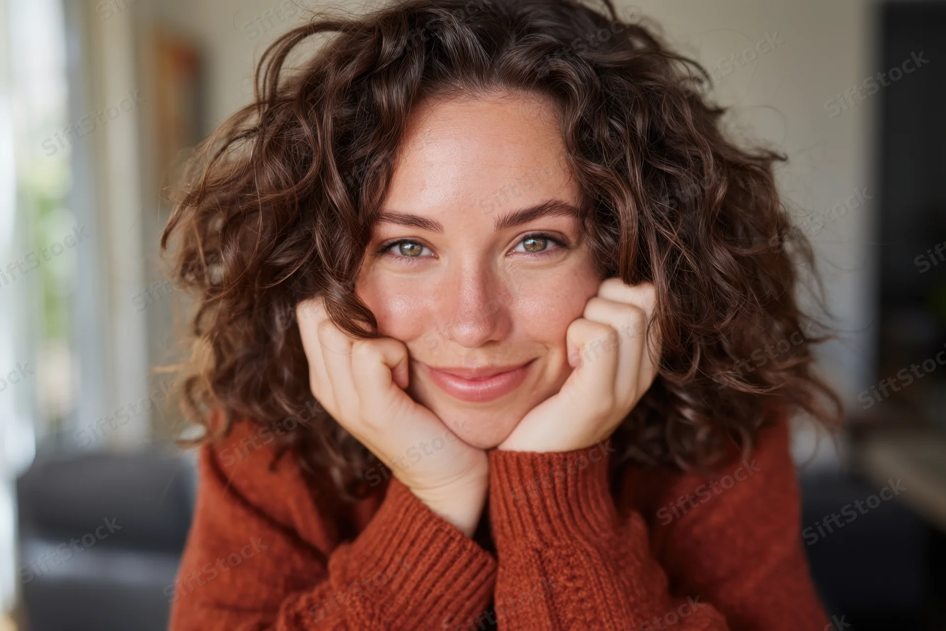 Woman with curly brown hair smiling with hands on cheeks indoors