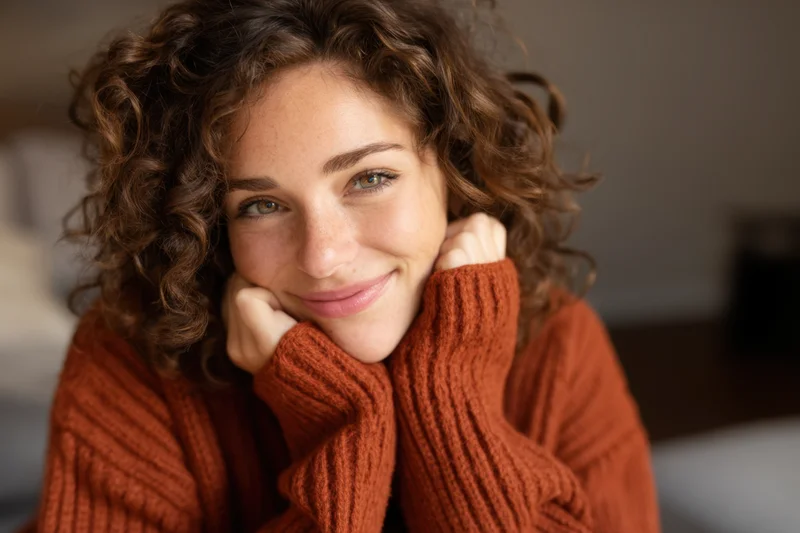 Woman with curly brown hair smiling while resting her chin on her hands indoors