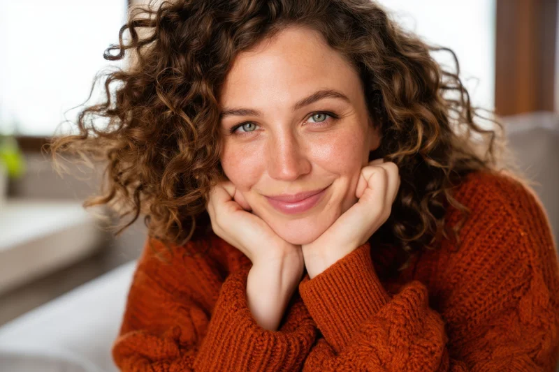 Woman with curly brown hair smiling while resting her chin on her hands indoors