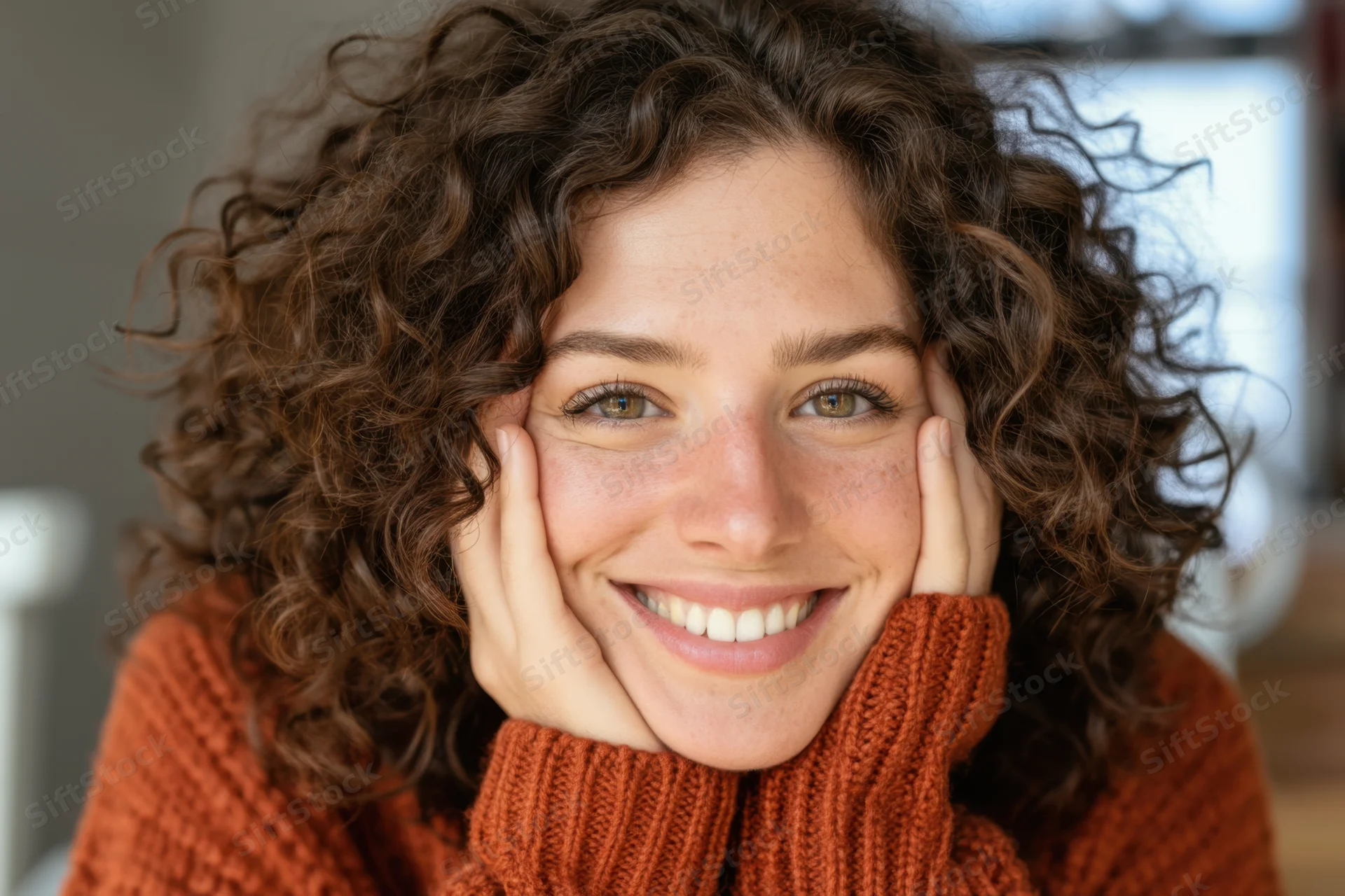 Smiling woman with curly brown hair holding her face in hands, wearing orange knit turtleneck sweater indoors