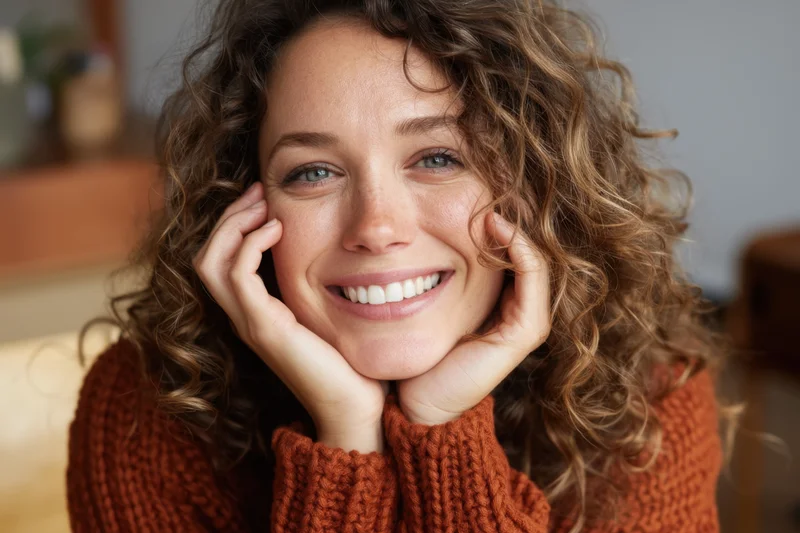 Smiling woman with curly brown hair holding her face in hands indoors