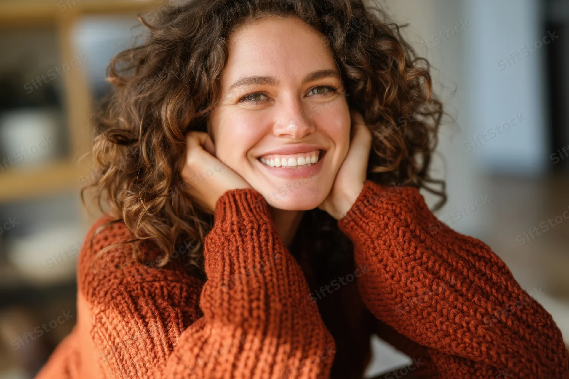 Smiling woman with curly brown hair holding her cheeks in a warm indoor portrait