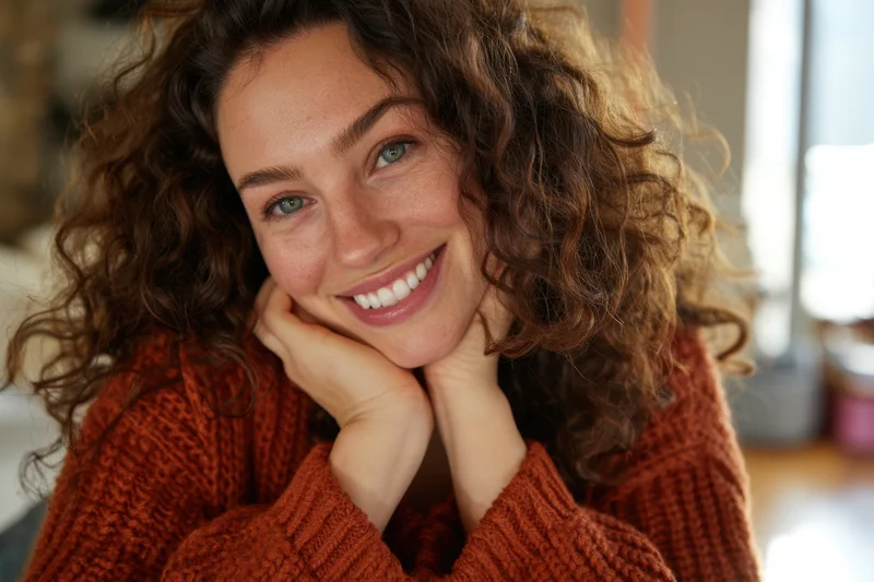 Smiling woman with curly brown hair resting her chin on her hands indoors