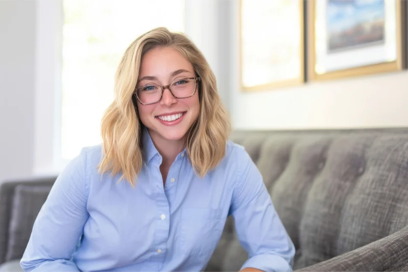 Smiling blonde woman in blue shirt sitting on couch in bright living room