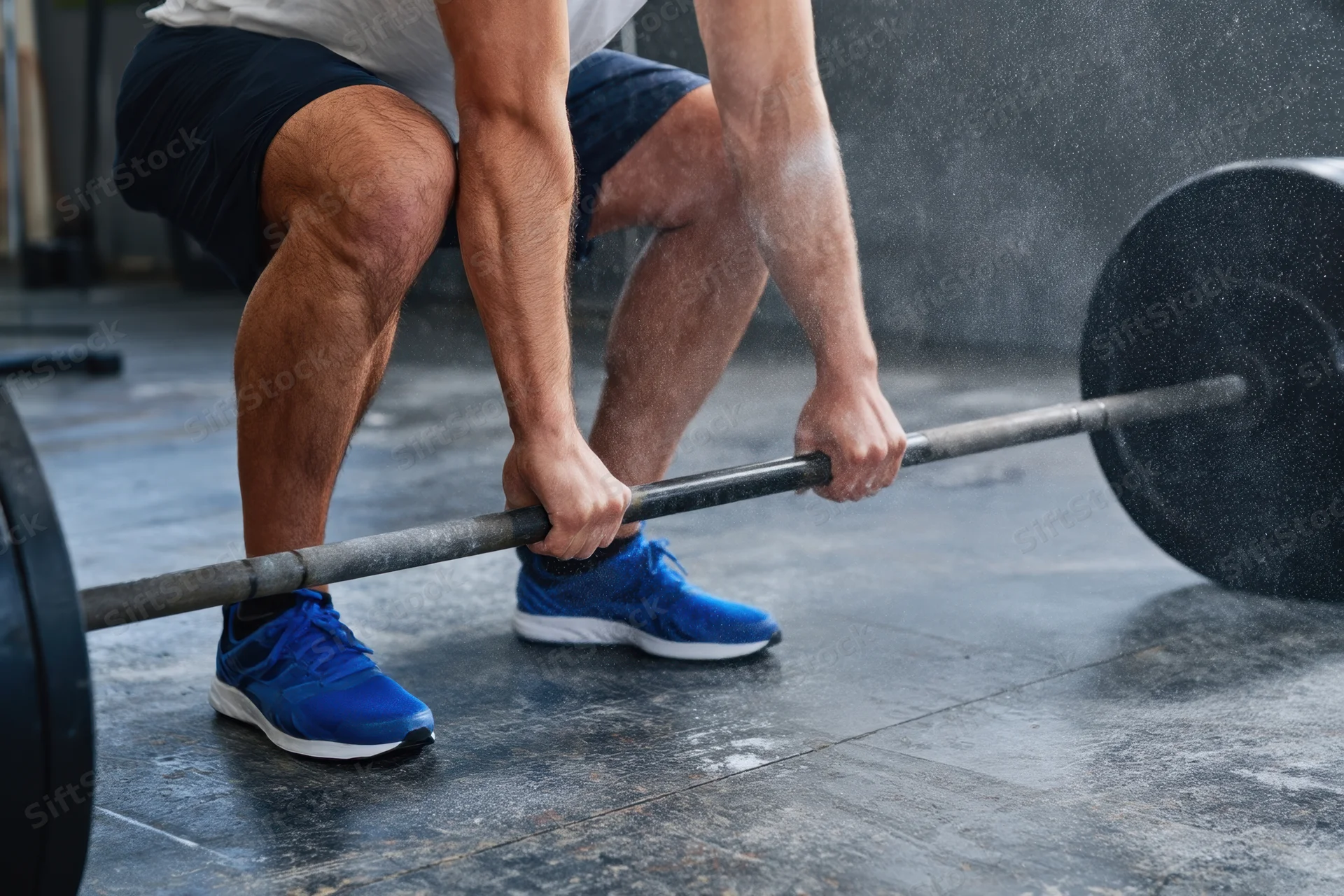 Male weightlifter squatting to lift barbell on gritty gym floor