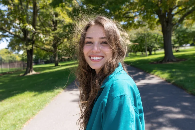 Woman smiling at camera while walking on a park pathway surrounded by trees and green grass