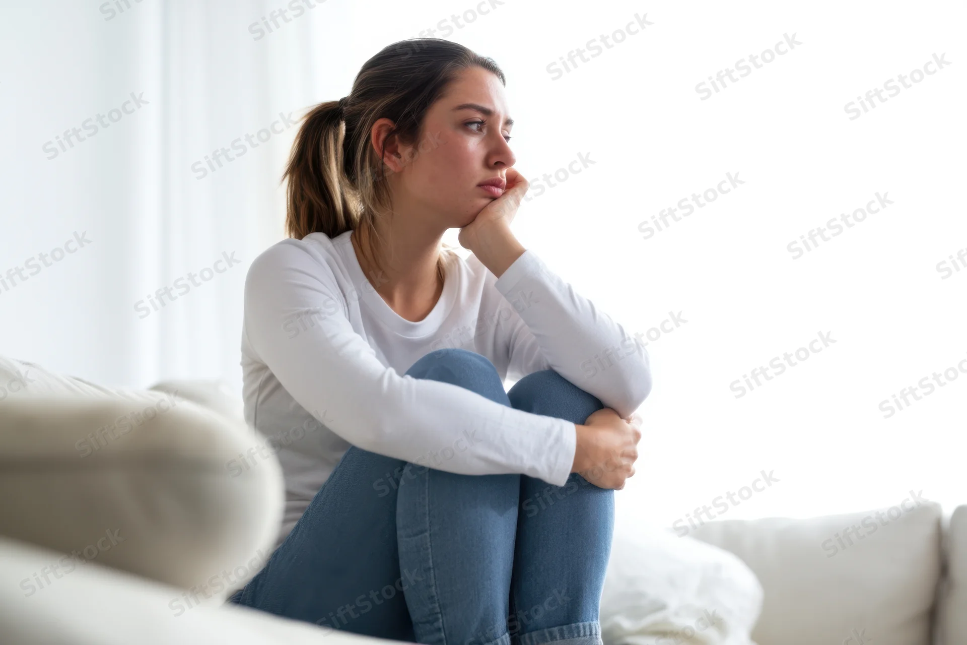 Young woman sitting on a light sofa in a bright living room, knees pulled up, hand on chin, looking away thoughtfully