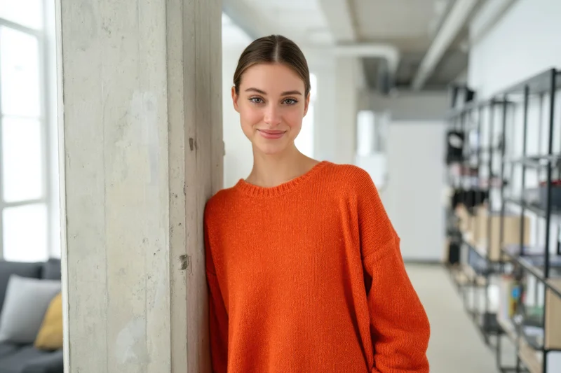 Woman in orange sweater leaning against concrete pillar in modern office space