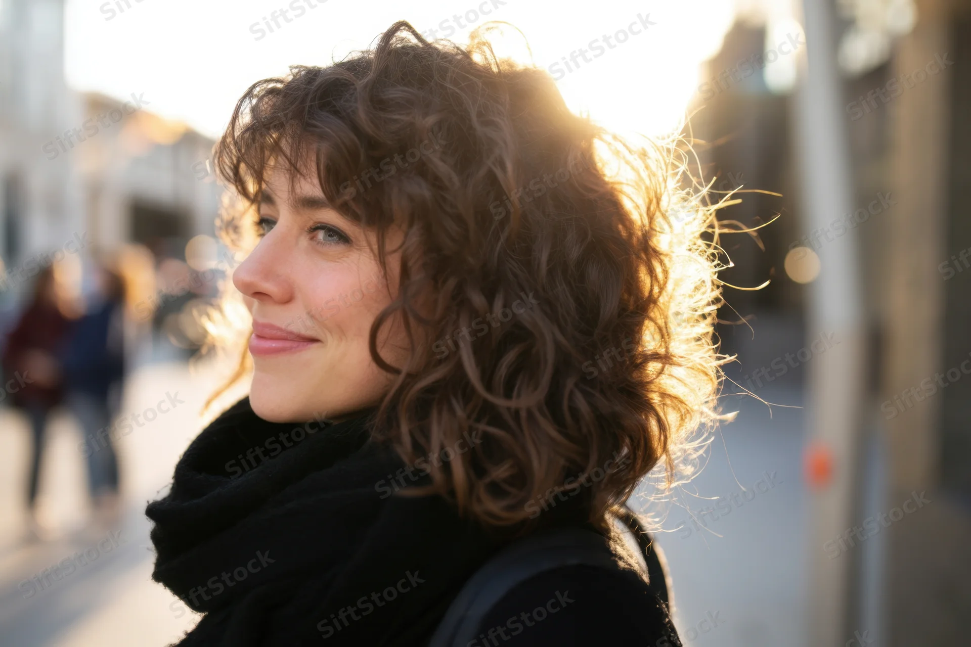 Woman with curly brown hair and black scarf smiling in profile on city street at golden hour